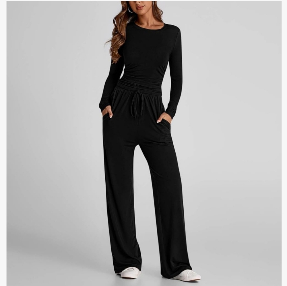 New 2 Piece Outfits Lounge Sets Long Sleeve Tops Wide Leg Pants - Picture 5 of 6